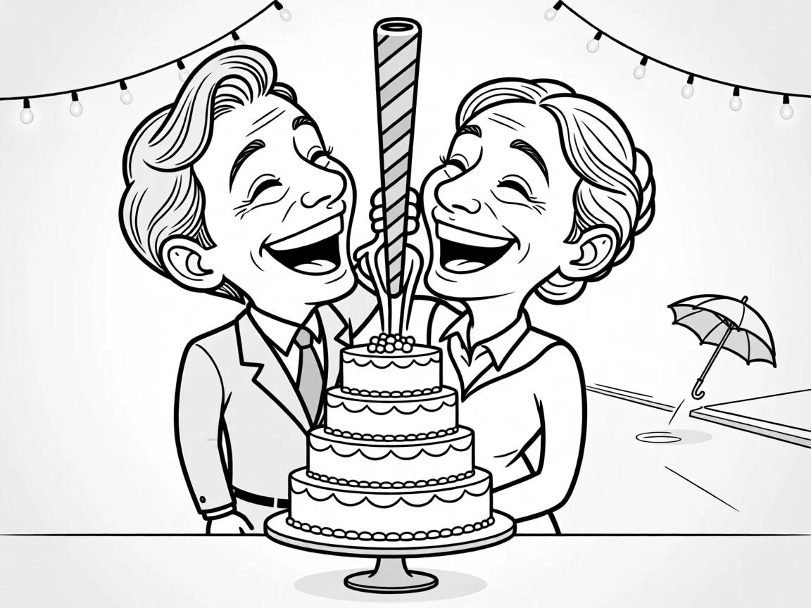 Two newlyweds laughing as they try to cut a towering cake, leaning in from opposite ends of the same striped straw, set at a wedding reception decorated with fairy lights. A dropped umbrella tumbles away down the street. It radiates warmth, laughter, and quiet devotion.