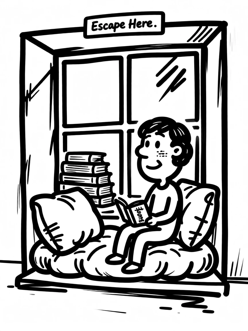 A reading nook built into a window with cushions and stacks of favorite books.