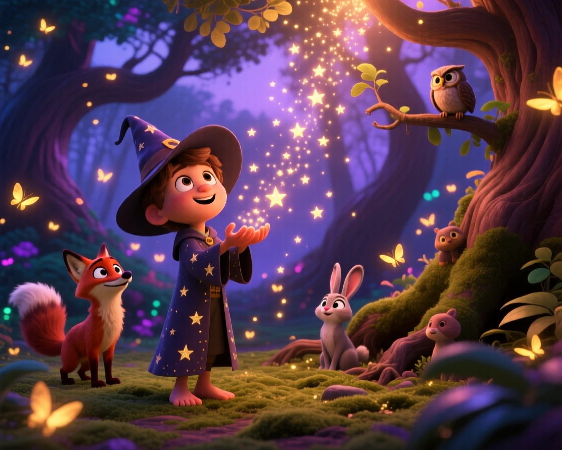 A young wizard stands in an enchanted forest glowing with fireflies, catching falling stardust in cupped hands. A gentle sense of wonder radiates through the air, with small creatures peeking out curiously nearby.