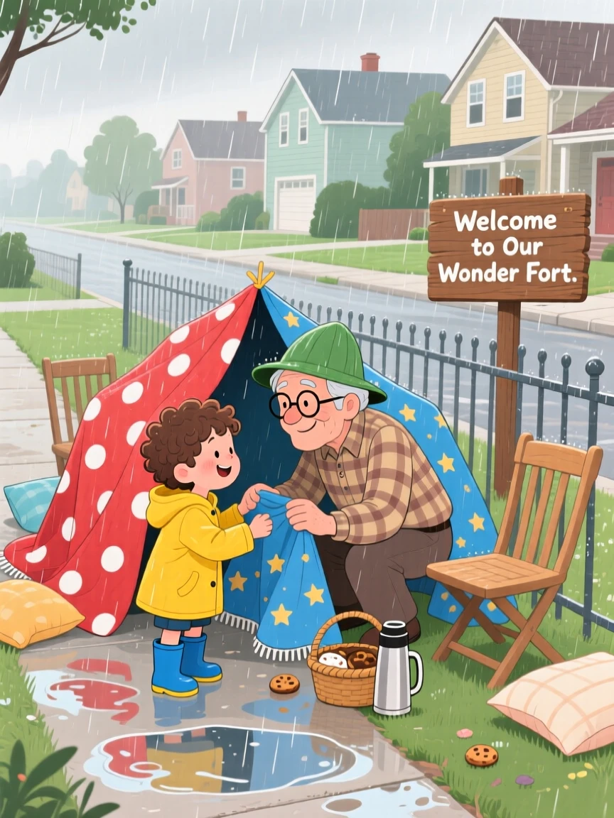 A boy and his grandfather are seen building a blanket fort together on a rainy day in a quiet neighborhood sidewalk, as a new friendship quietly begins.