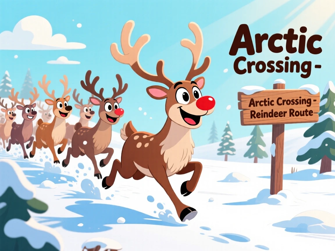 A herd of reindeer crossing a snowy arctic landscape.