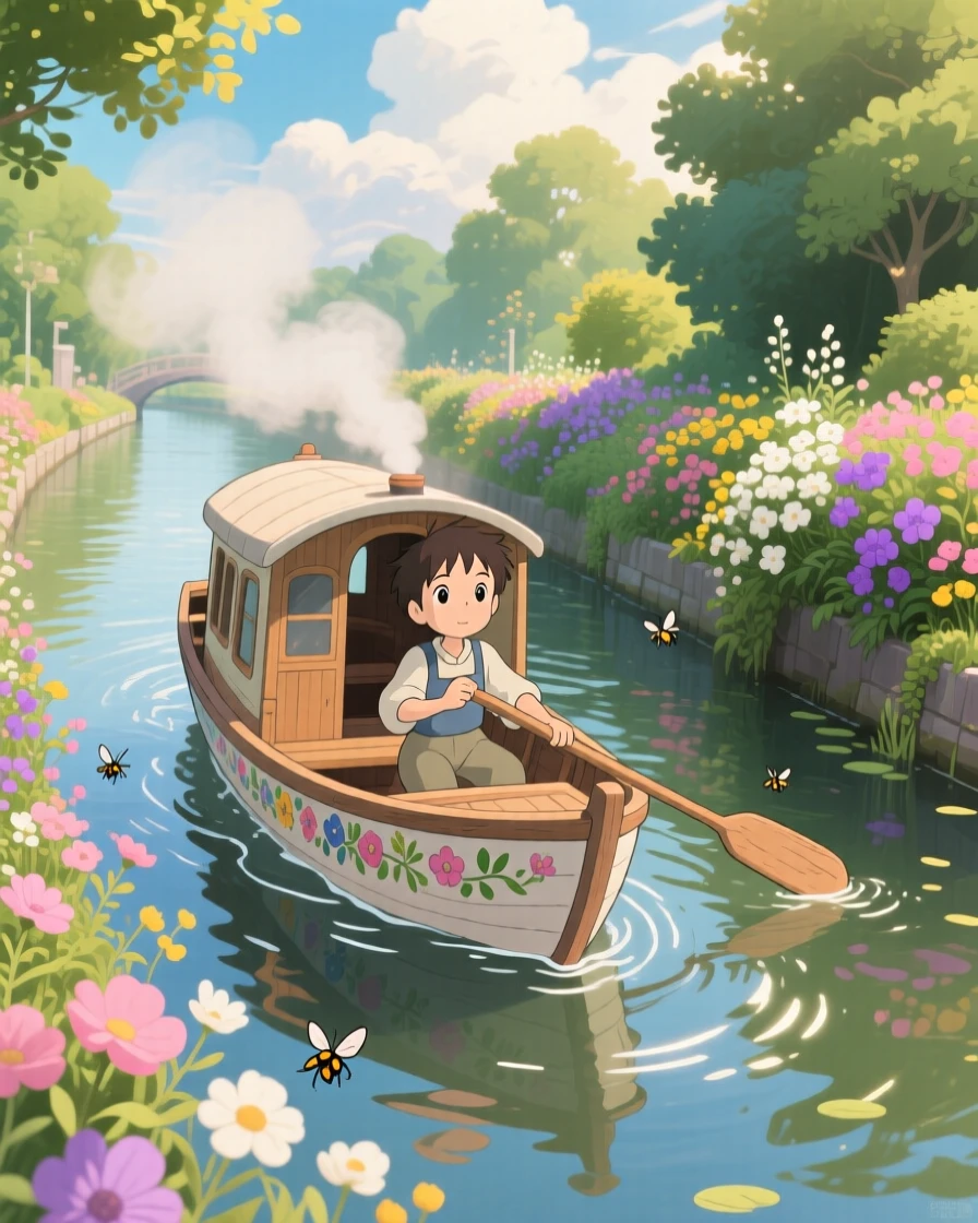A charming scene of a canal boat drifting slowly past flower-lined banks, with steam and light trailing behind it.