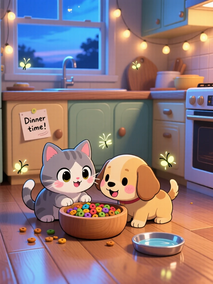 A kitten and a puppy sharing a single food bowl in a cozy kitchen corner as fireflies begin to glow at dusk; cool blue twilight glow washes over the scene as giggling amusement fills the moment. Wide establishing shot.