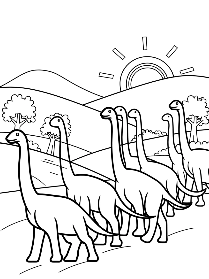 A group of long-necked dinosaurs migrating across a green valley