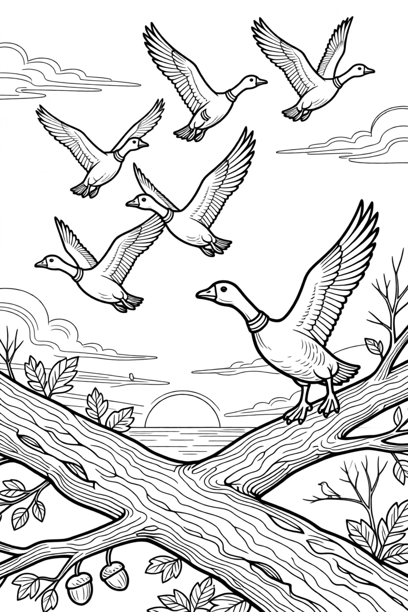 A flock of geese flying in formation across a sunset sky, with claws gripping the bark tightly.