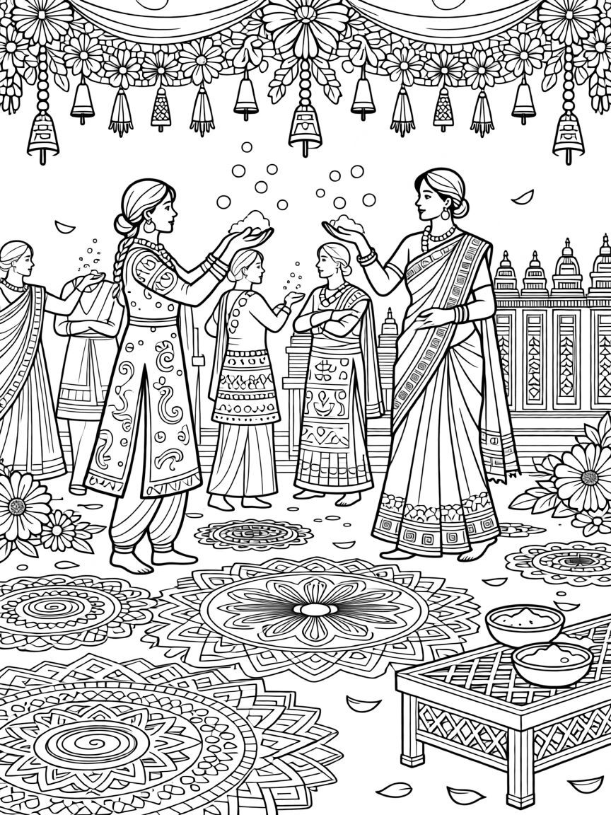 A festival scene of colorful powders and flower petals arranged into patterns.