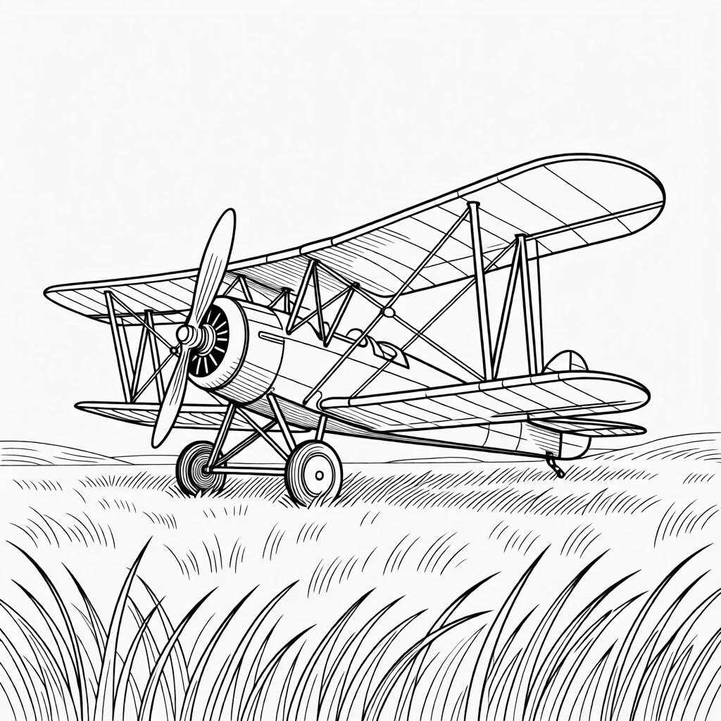 A vintage biplane parked in a grassy field with propeller visible