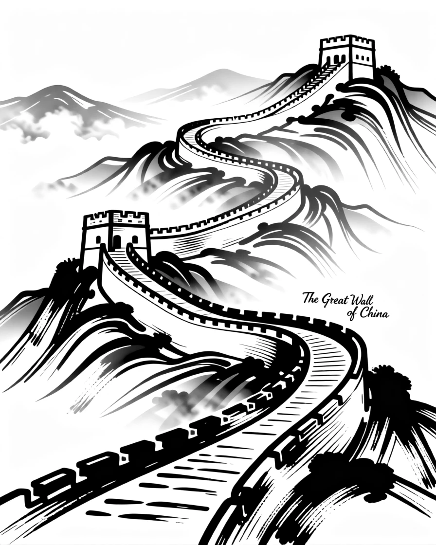 The Great Wall of China winding across misty mountain ridges.