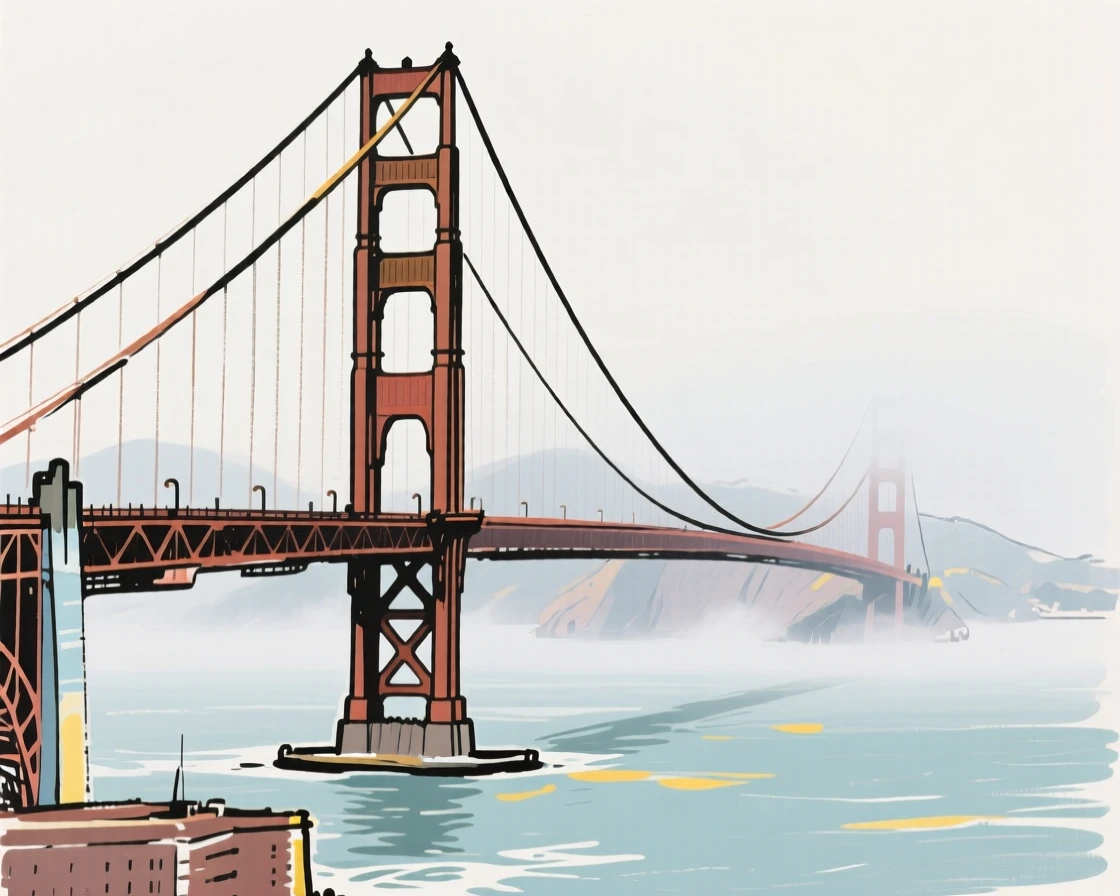 The Golden Gate Bridge stretching across a foggy San Francisco bay.