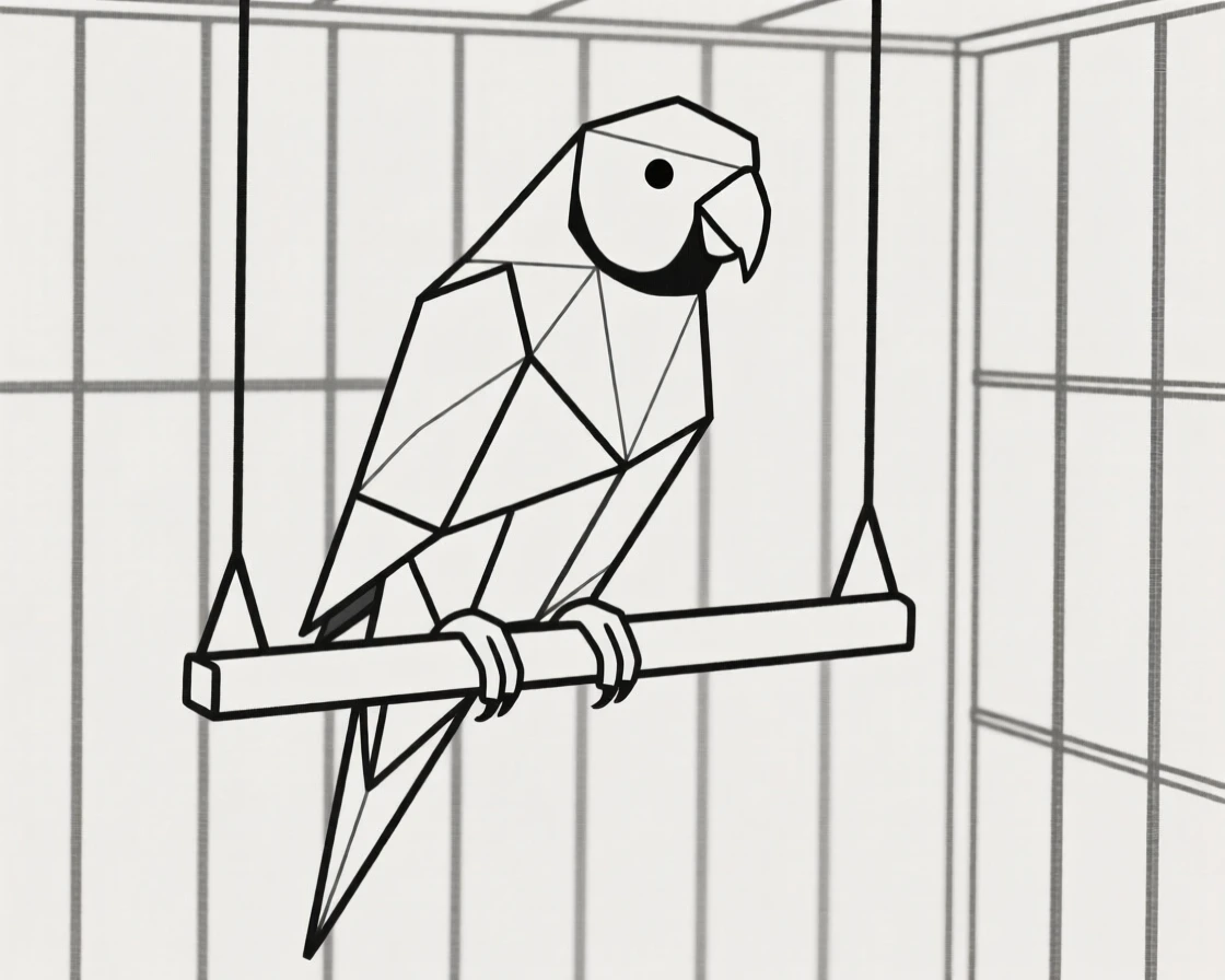 A parakeet perched on its cage swing