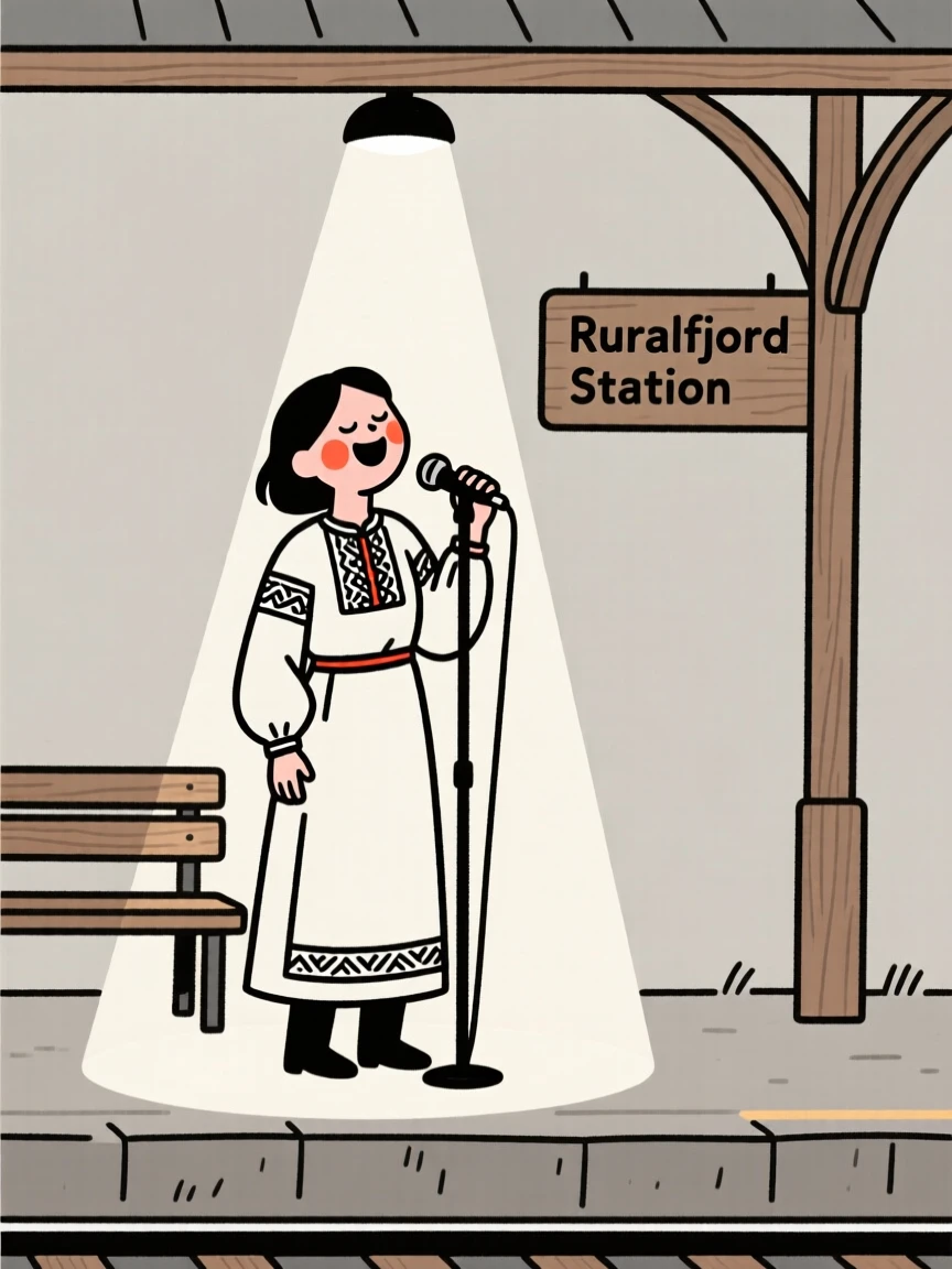 A jazz of norwegian heritage singer under a spotlight, laughing with eyes closed, at a rural train station.