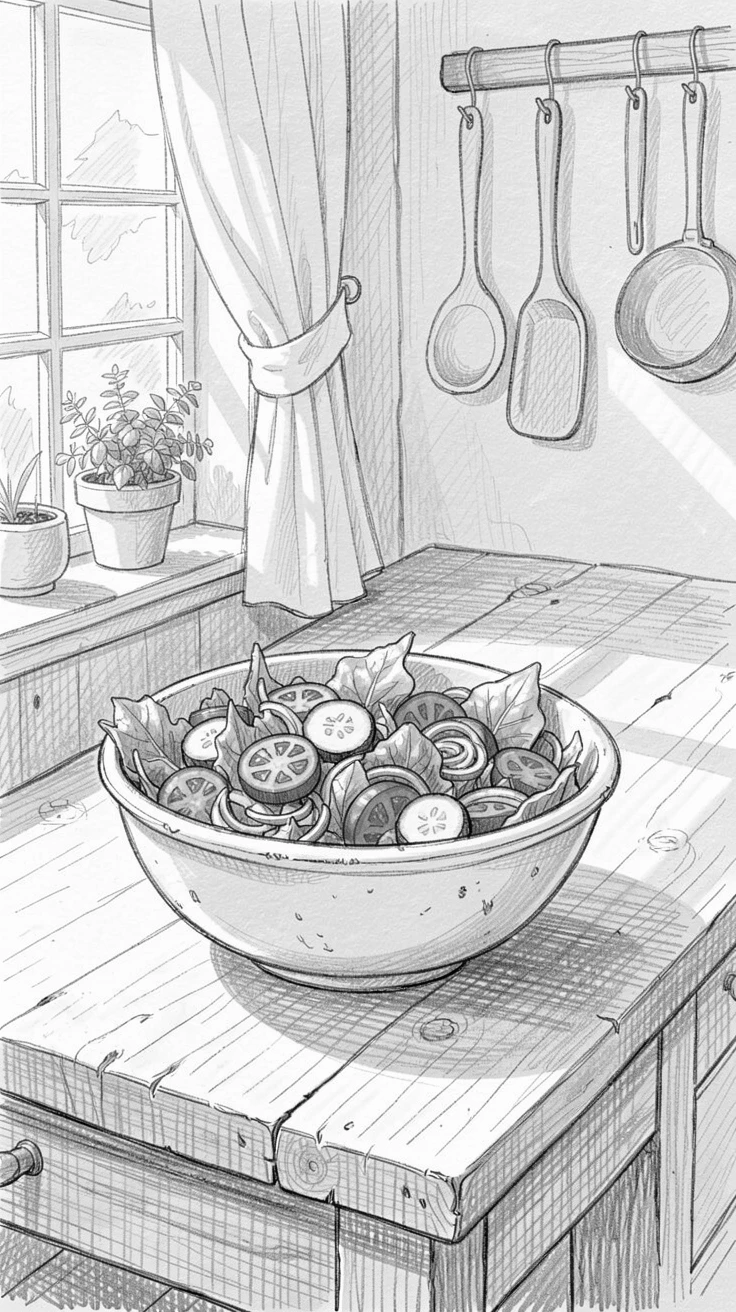 An appetizing still life of a bowl of fresh garden salad in a cozy farmhouse kitchen, with morning light streaming across the scene.