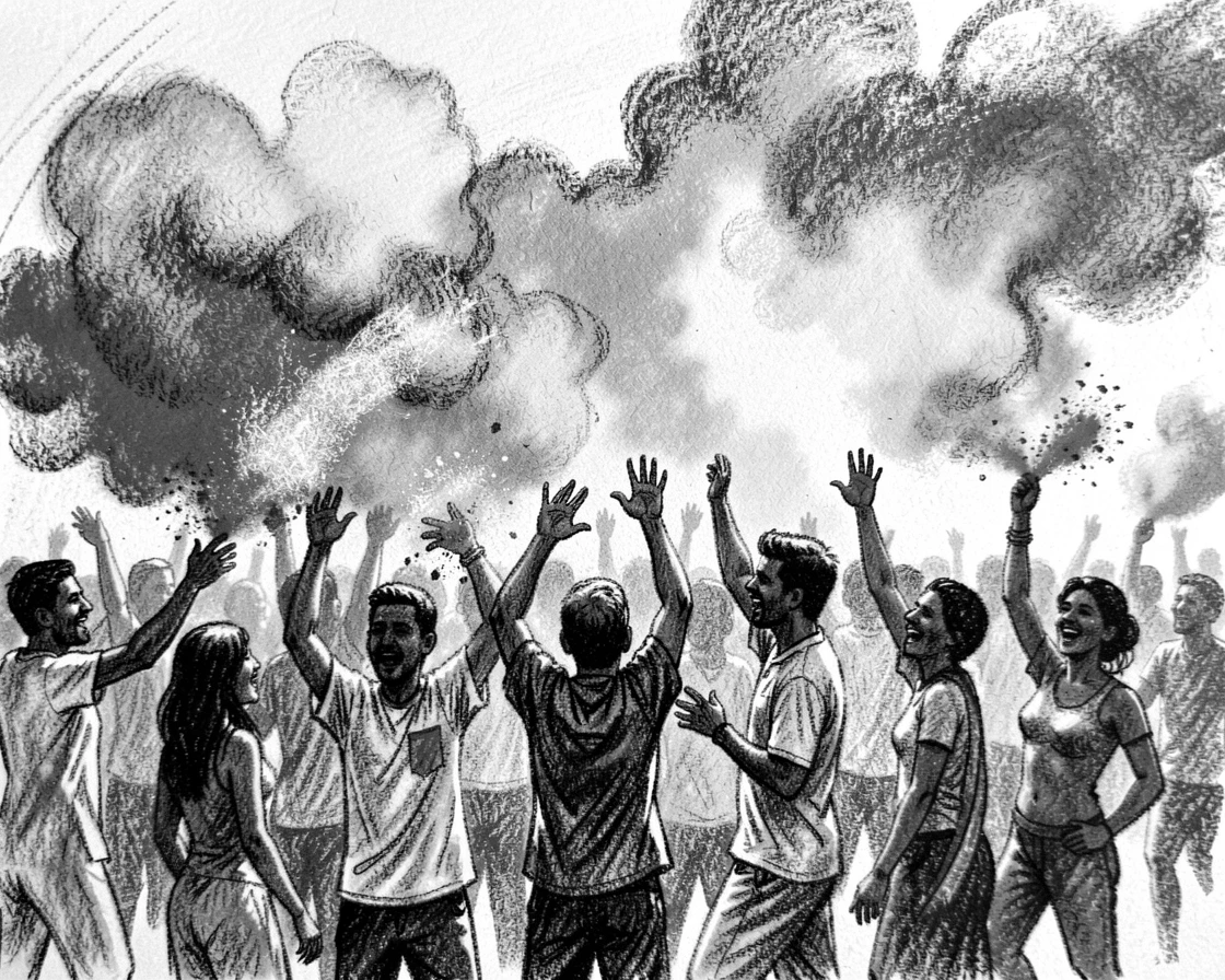 A vibrant Holi festival celebration with clouds of colored powder, with a gentle mist rolling through the background.