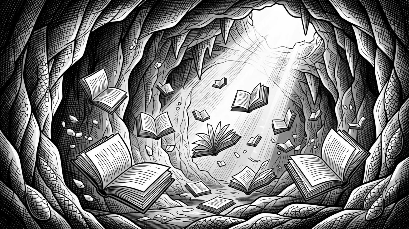 A library filled with floating books deep within a glowing underground cavern, with delicate scales catching the moonlight, forming a mysterious and enchanting fantasy scene.
