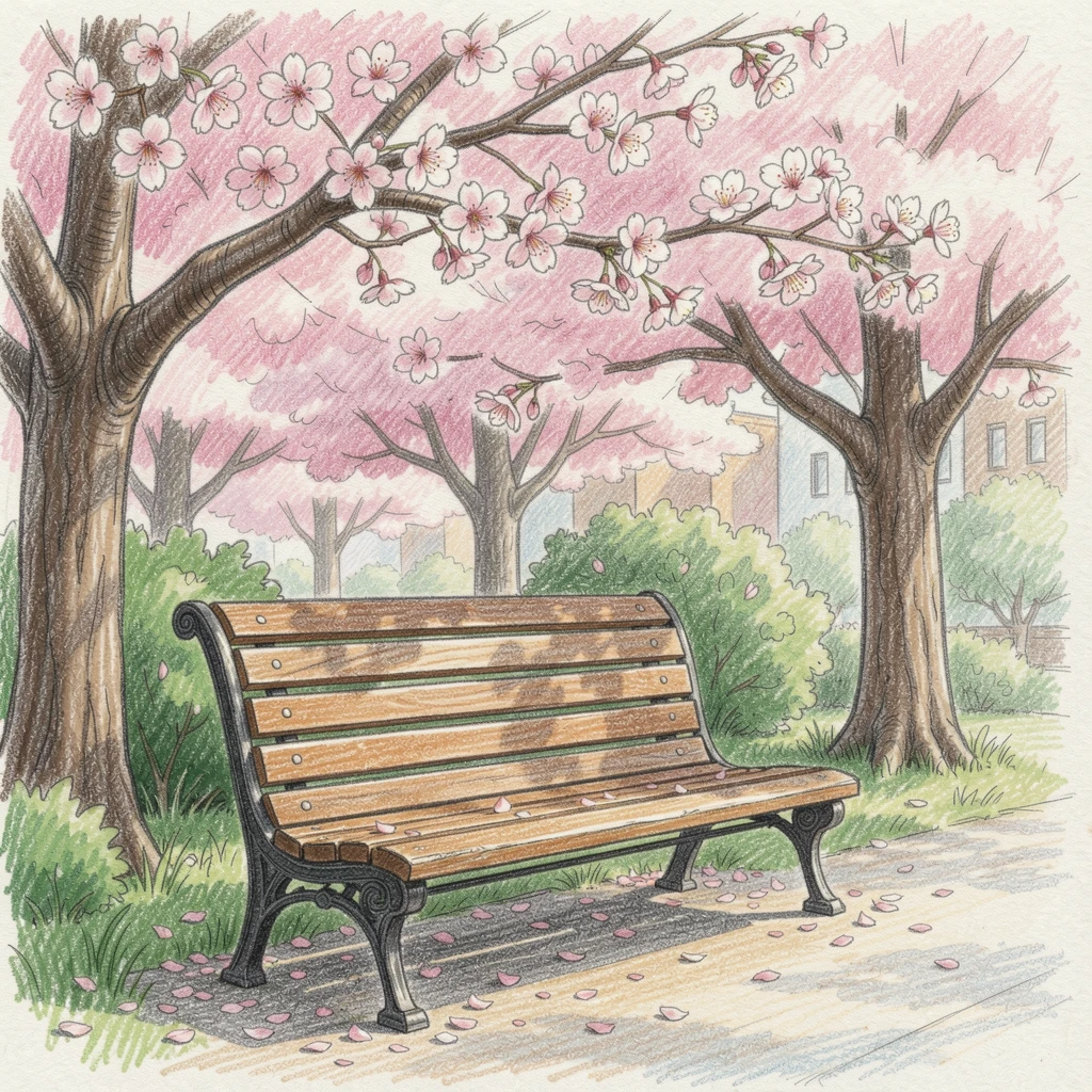 A quiet urban park bench beneath blooming cherry trees, with soft, natural light bringing warmth to every detail, capturing a quiet story that lingers with the viewer.