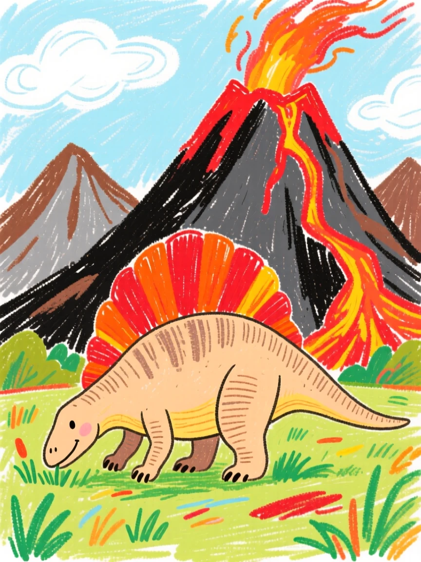 A Spinosaurus grazing beside a volcanic mountain range.