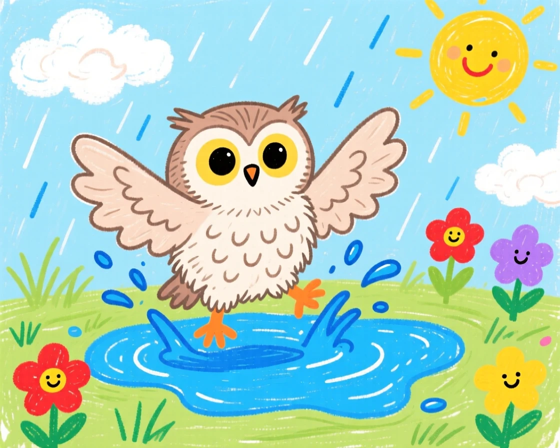 A downy owlet splashing in a shallow puddle after rain.