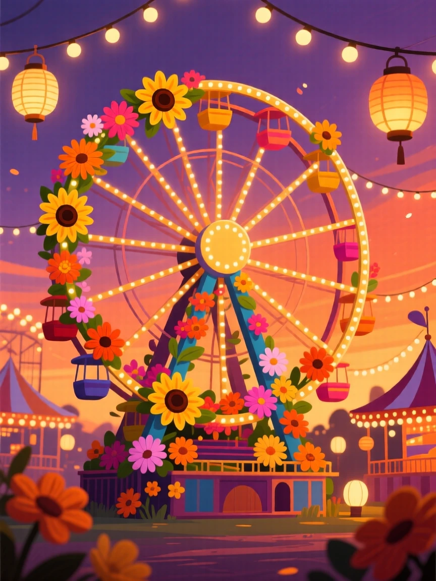 A festive carnival with a colorful Ferris wheel at dusk, decorated with seasonal flowers and warm lighting, composed with a warm golden glow throughout, with warm twinkling lights adding a magical sparkle.