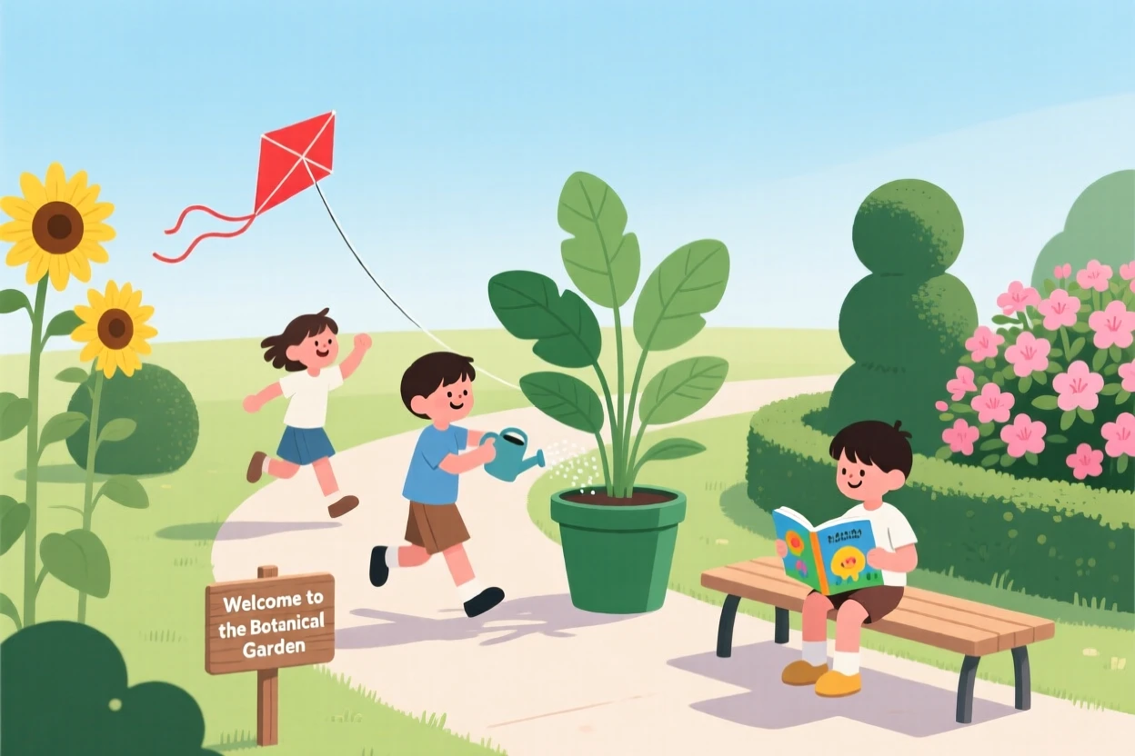 A summer scene of children playing in a botanical garden.