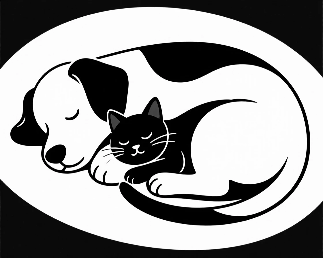 A puppy and kitten curled up together asleep.