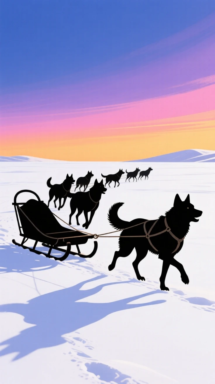 A pack of huskies pulling a sled across a wide expanse of snow.