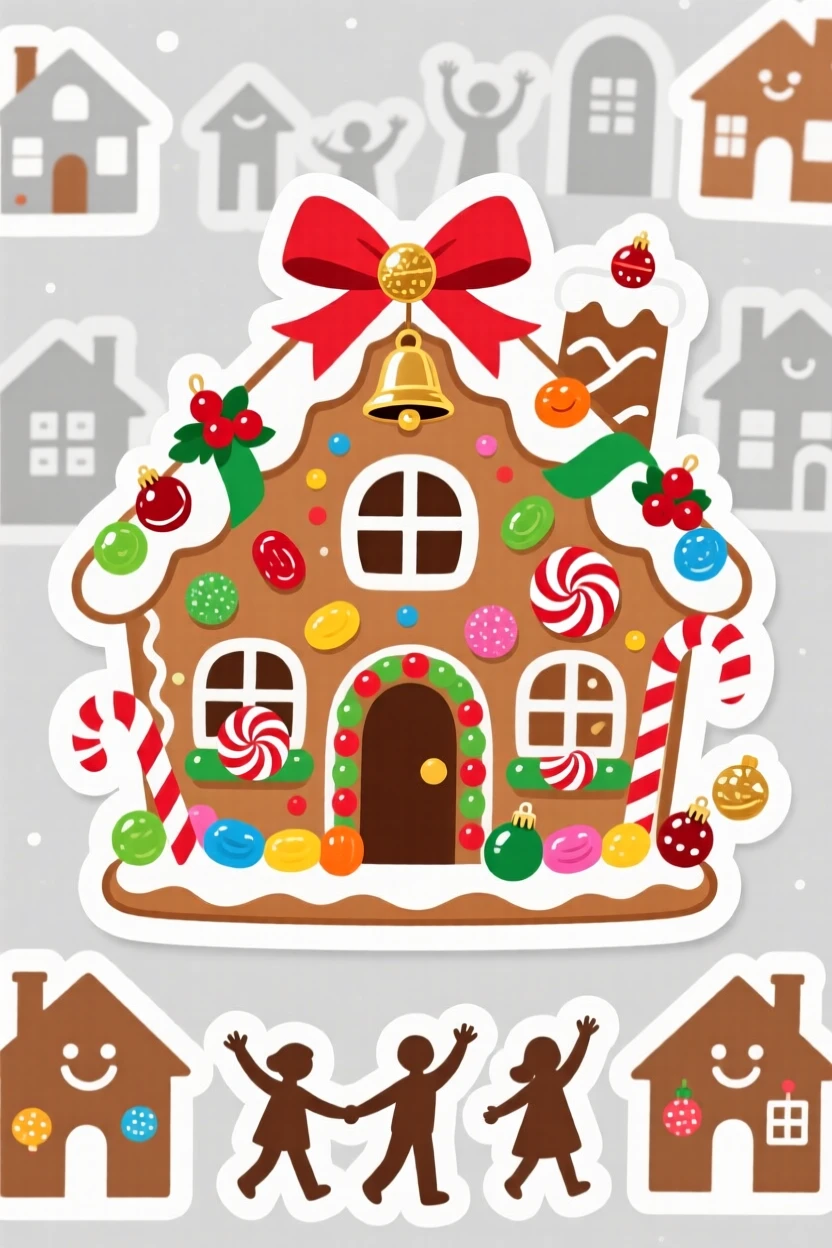 A sparkling and celebratory gingerbread house covered in candy decorations, decorated with ribbons and small ornaments, as the whole neighborhood celebrates together.