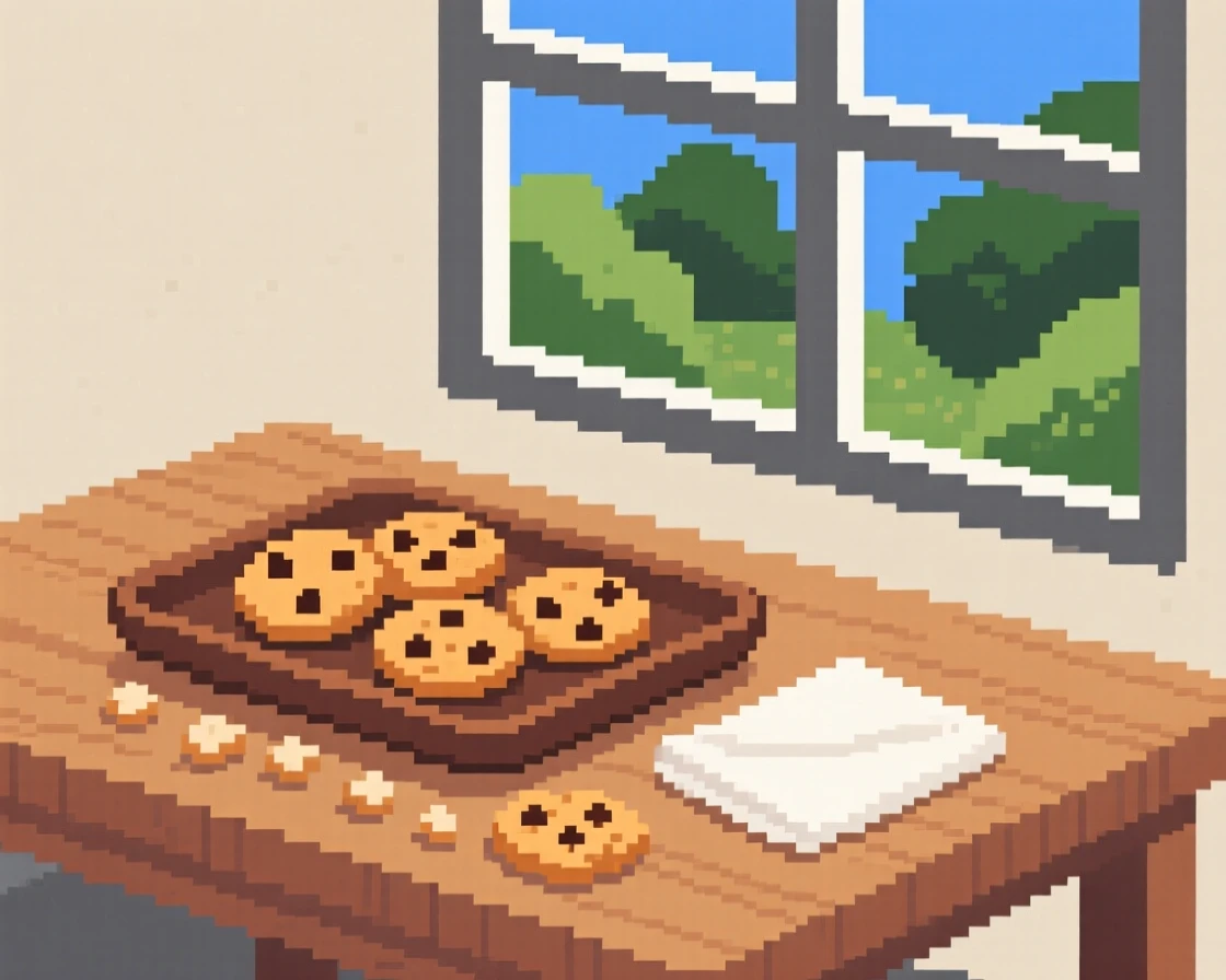 A tray of fresh-baked cookies surrounded by scattered crumbs and a napkin, beside an open window overlooking a garden.