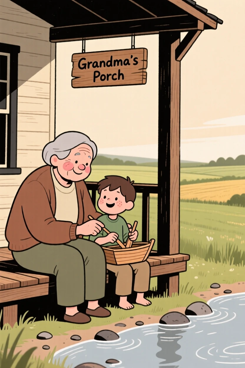 A grandparent shows a eager grandson how to carve a small wooden boat in the porch overlooking the fields, both taking their time as the water laps gently at the shore.