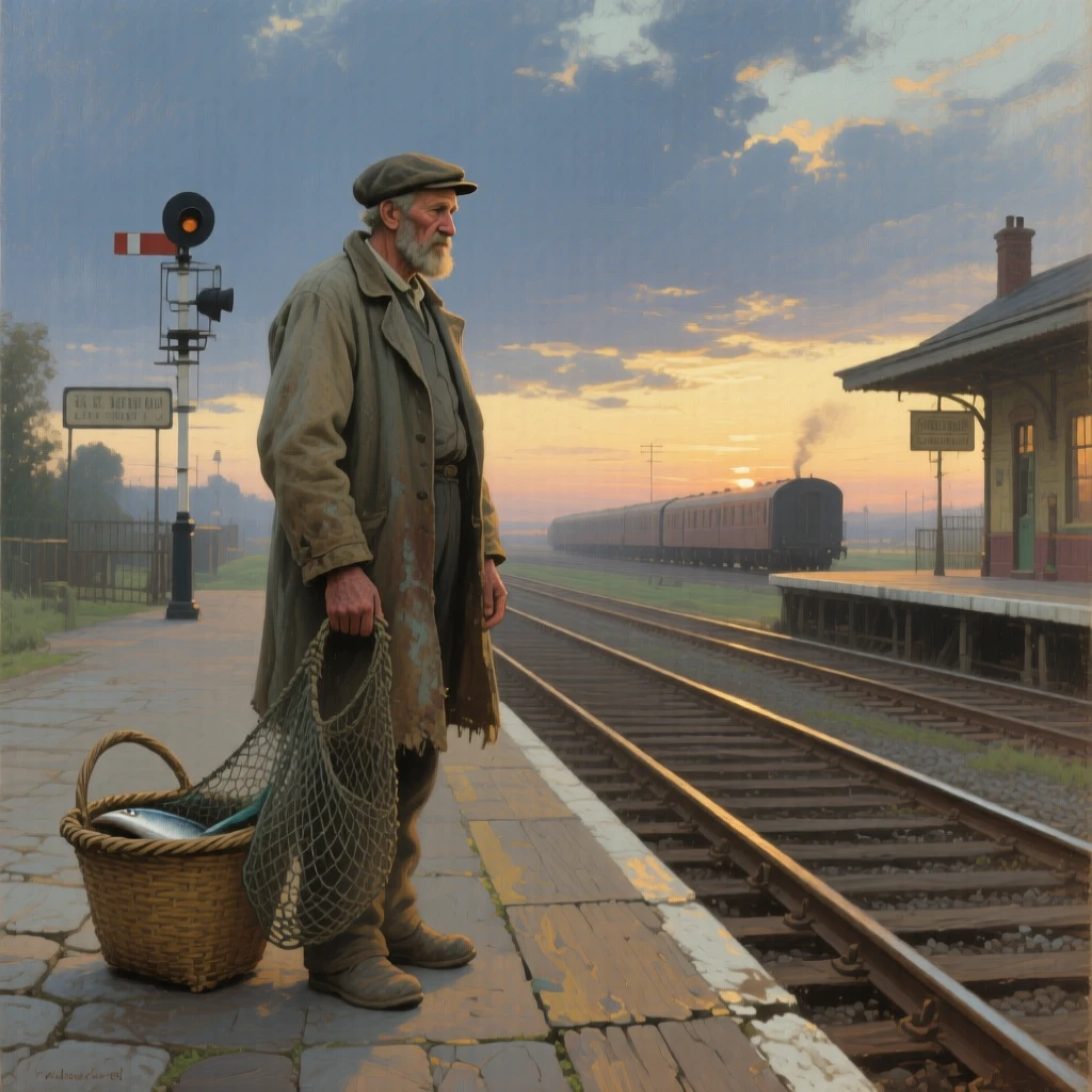 A well-framed scene of an old fisherman on a train platform at dusk, marked by weary resilience, just after sunrise.