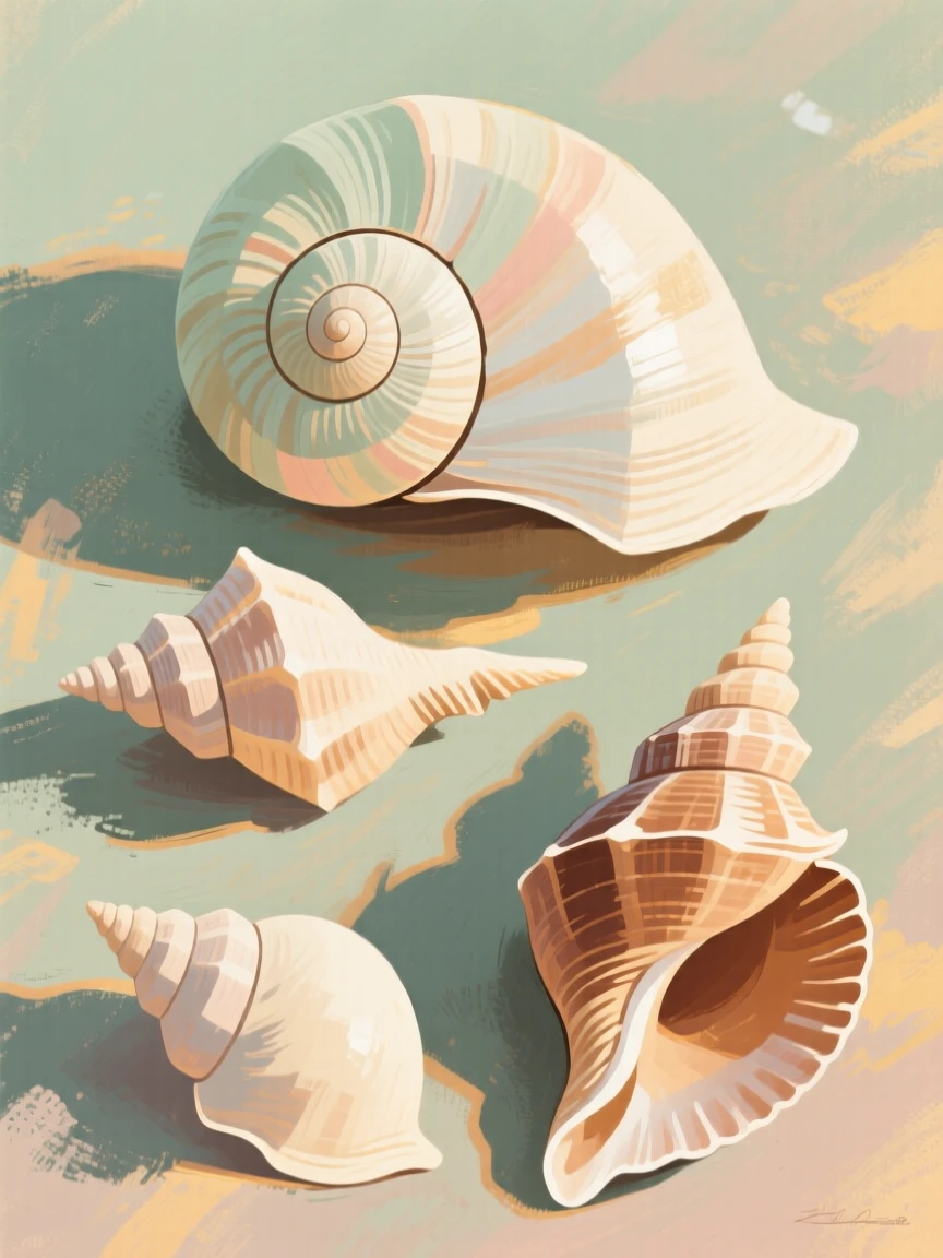 A study of a seashell's spiral structure shown from multiple angles