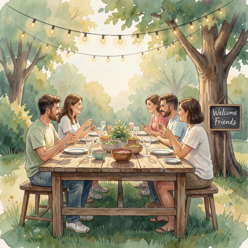 Friends sharing a meal at a long outdoor table strung with lights surrounded by a comforting, familiar setting.