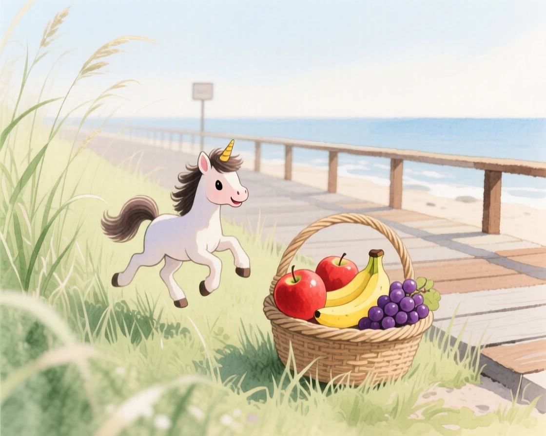 A miniature pony hops through tall grass in a seaside boardwalk, beside a basket of ripe fruit
