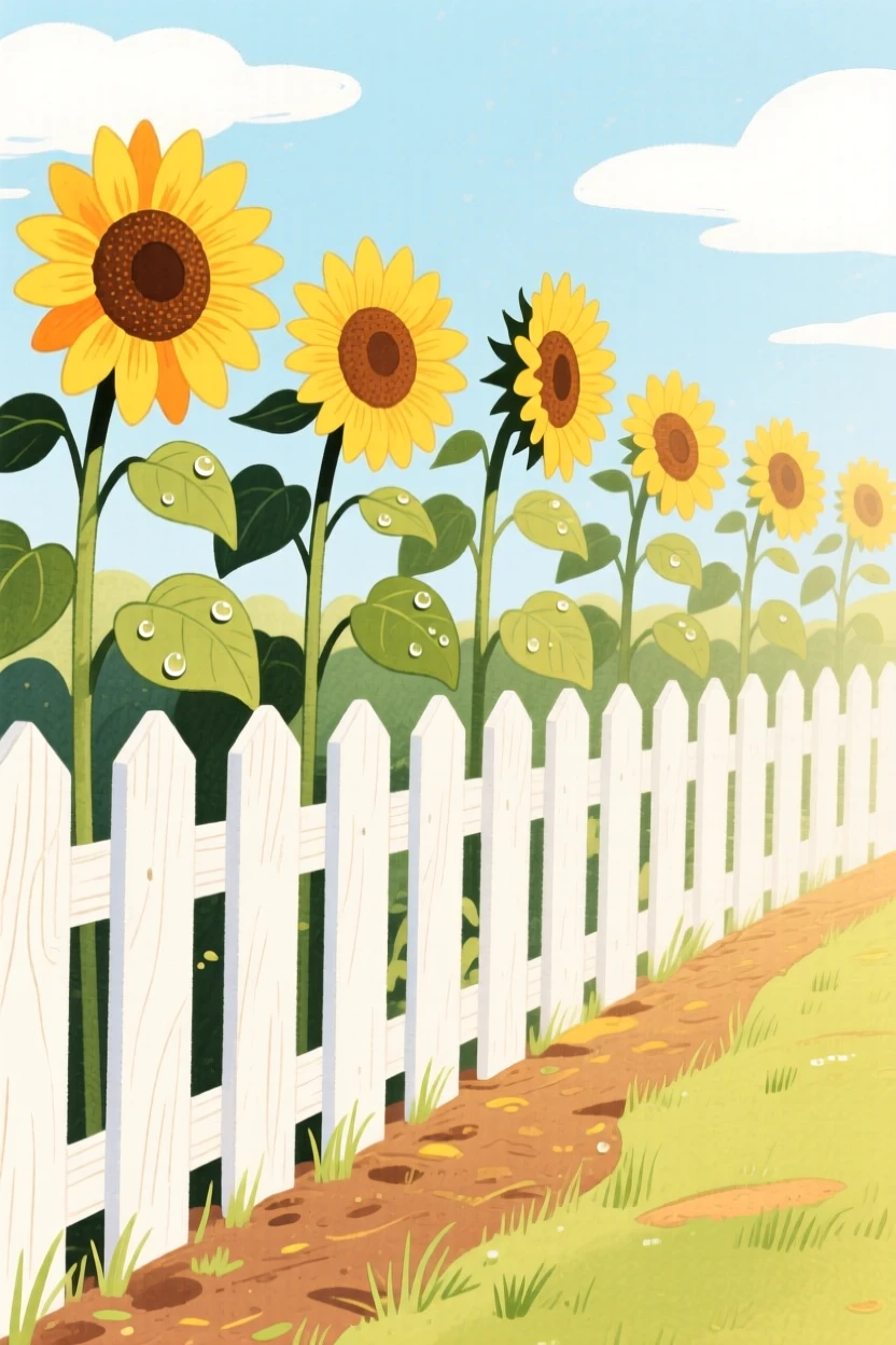 A row of sunflowers taller than a garden fence glistening with morning dew.
