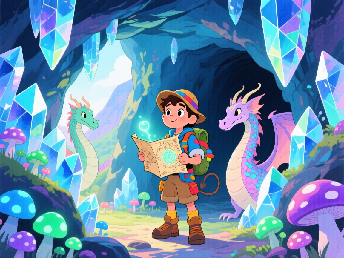 A young adventurer with a magic map exploring a crystal cave lit by glowing mushrooms, in a hidden valley guarded by gentle dragons, radiating hope and heroic determination.
