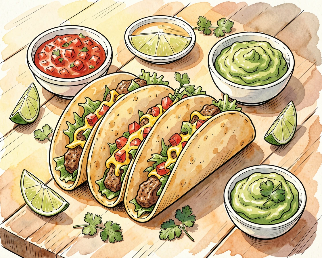 A colorful taco spread with lime wedges, salsa, and fresh cilantro, sunlight streaming across the table, highlighting every texture.