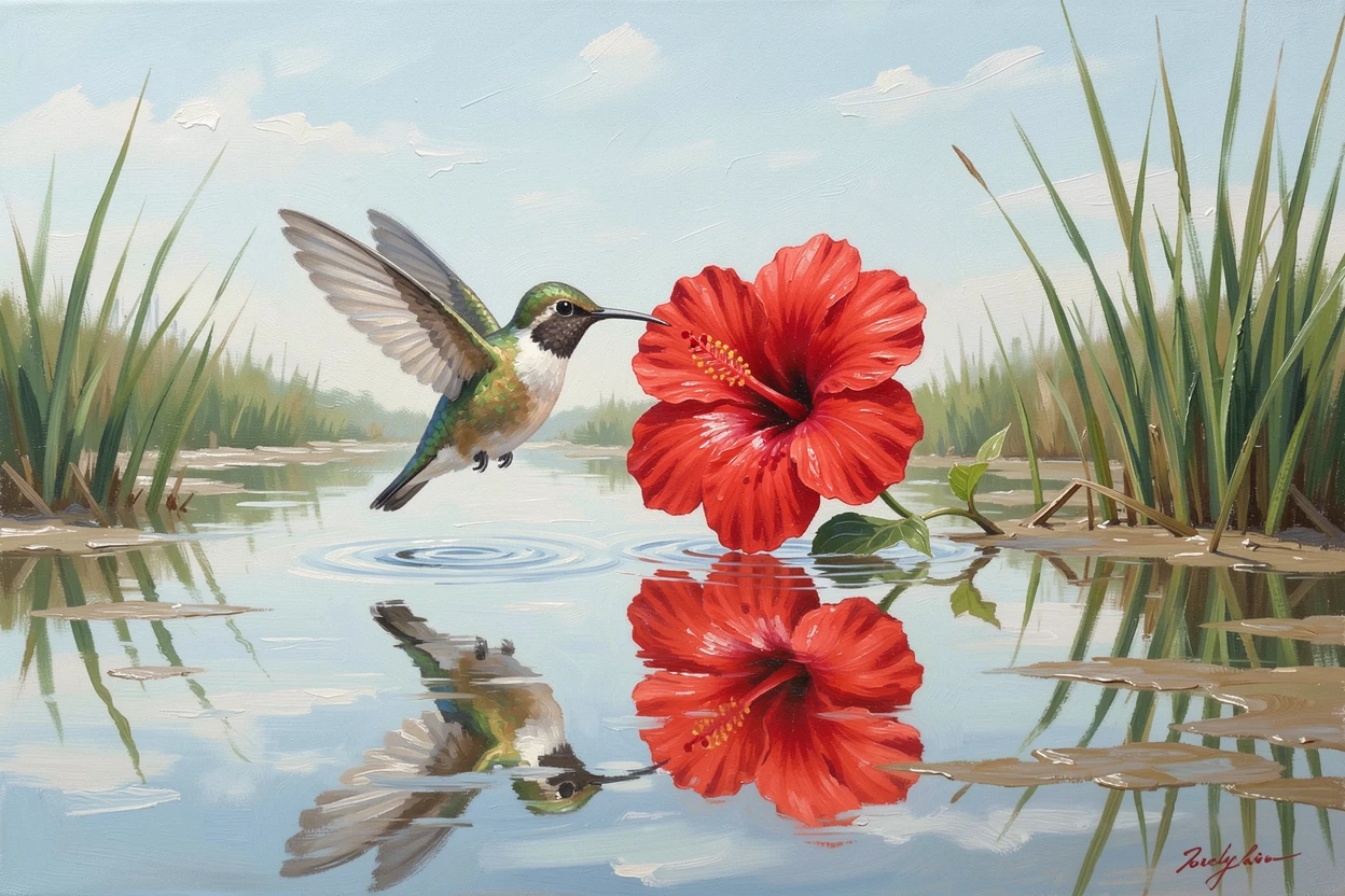 A hummingbird hovering beside a bright red flower, its reflection mirrored perfectly in the still water, beside a quiet, reed-lined wetland, under soft, diffused midday light.