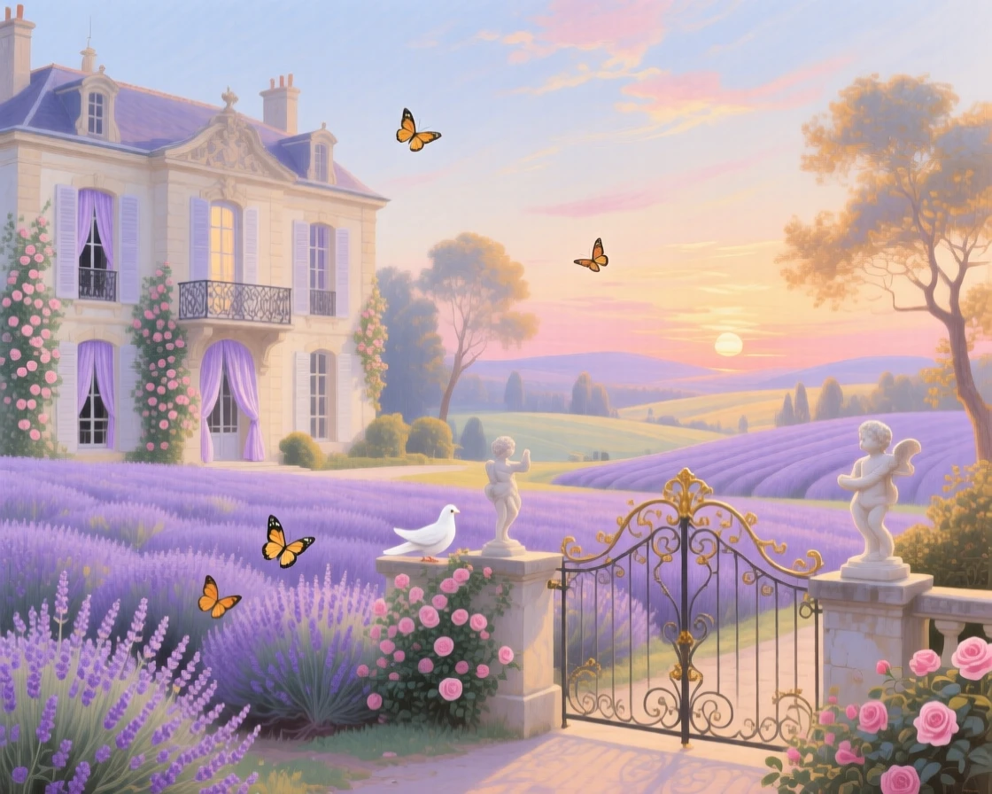 A countryside estate surrounded by lavender fields at sunset  