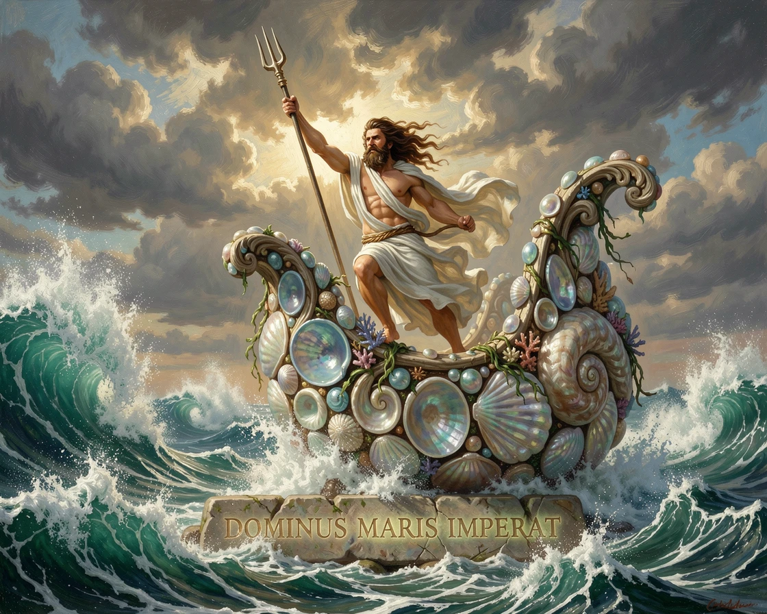 A sea god commands the waves from atop a great chariot of shells.