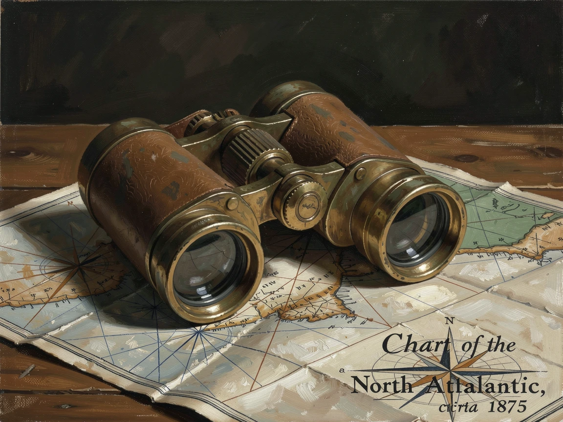 A pair of vintage binoculars resting on an antique nautical map, captured with meticulous attention to material and craftsmanship, offering a classic, gallery-worthy still life composition