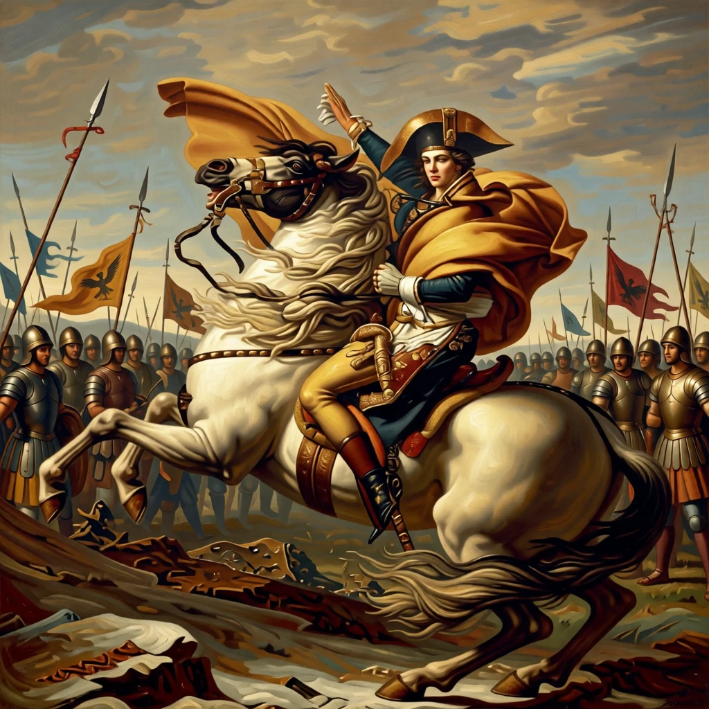 The Amazon queen Hippolyta leading her warriors into battle at the height of a decisive and unforgettable moment, set on a windswept battlefield strewn with fallen standards, with gilded armor catching the light and rich fabrics billowing in the wind; the crowd forms a natural frame around the central action, radiating triumph tempered by solemn sacrifice.