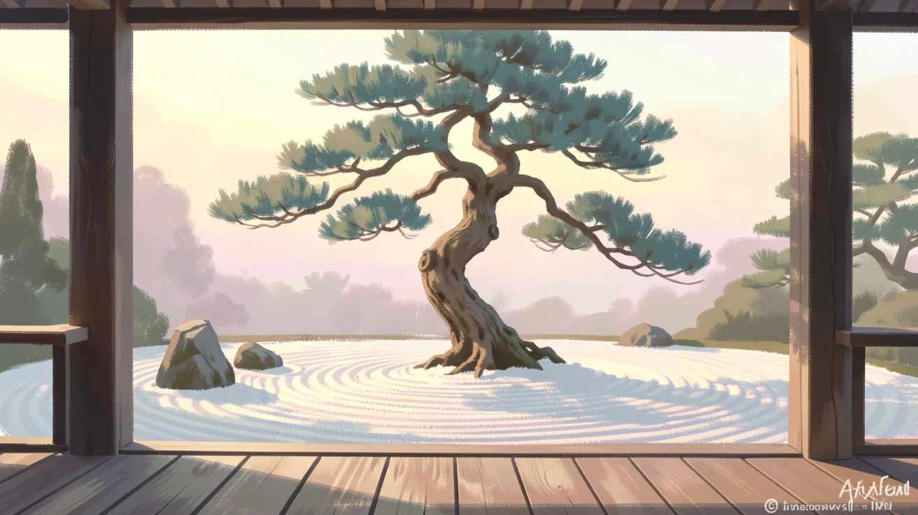 A tranquil Zen rock garden framed by a wooden veranda and a single ancient pine tree, in the gentle hush of early morning.