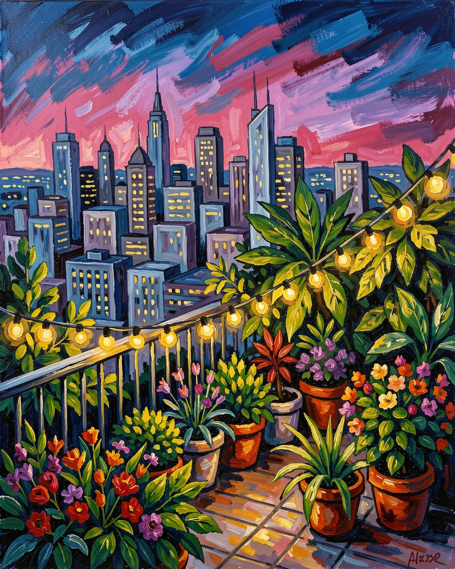A rooftop garden overlooking a city skyline, string lights woven through the greenery.
