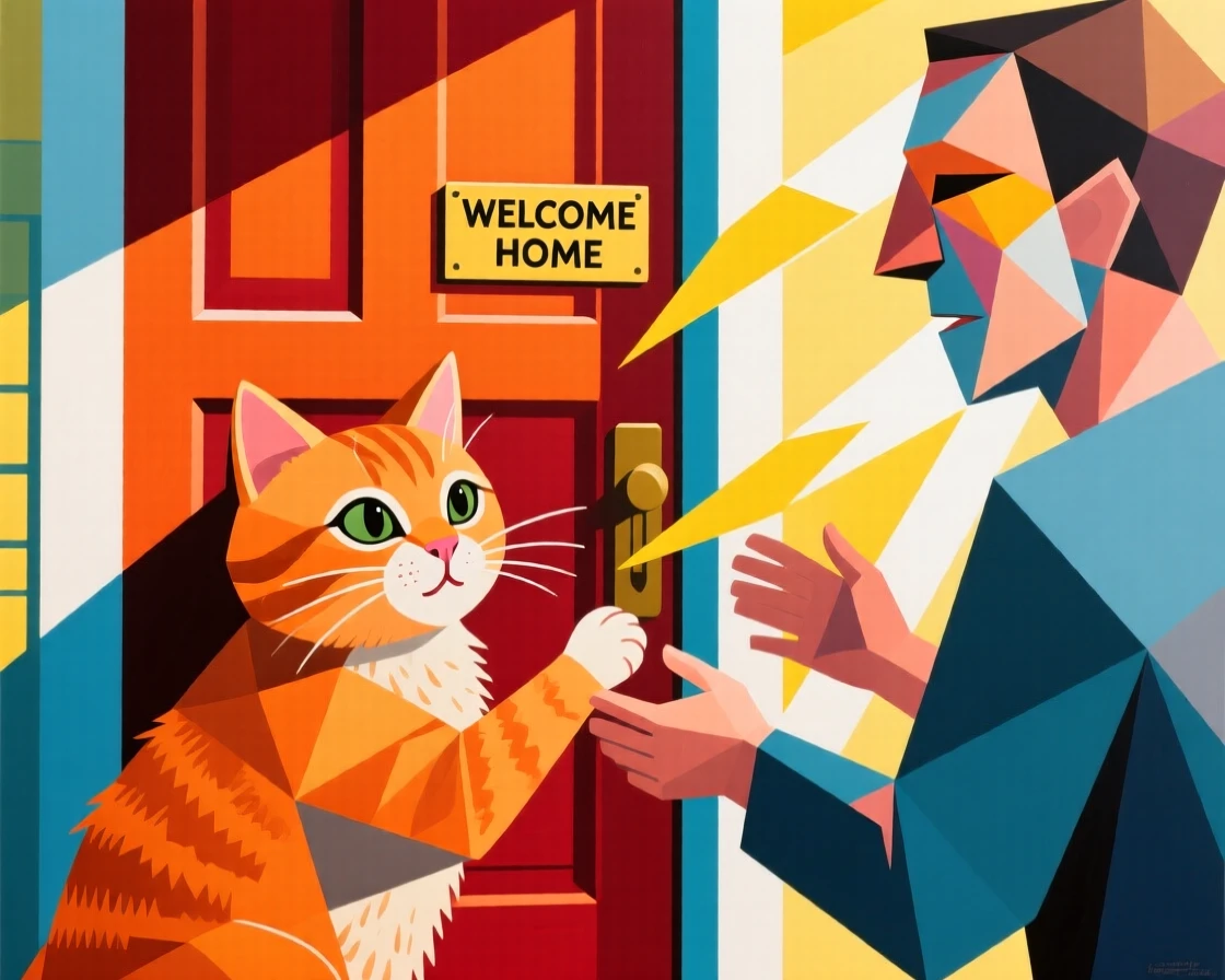 A charming close-up of a fluffy orange kitten greeting its owner at the front door with excitement on a bright afternoon.