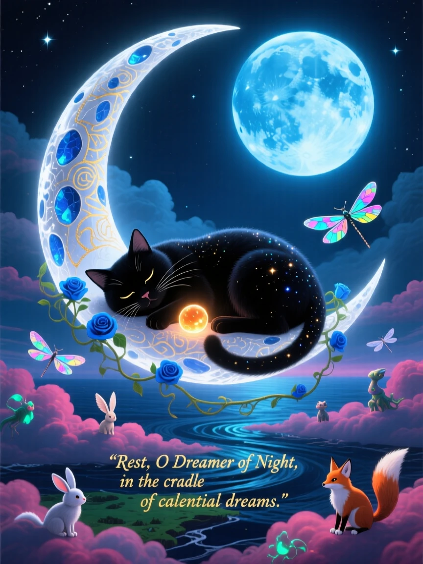 A cat curled asleep on a floating crescent moon rests peacefully beneath the glow of a rising moon, as small creatures pause to watch it pass by in silence.