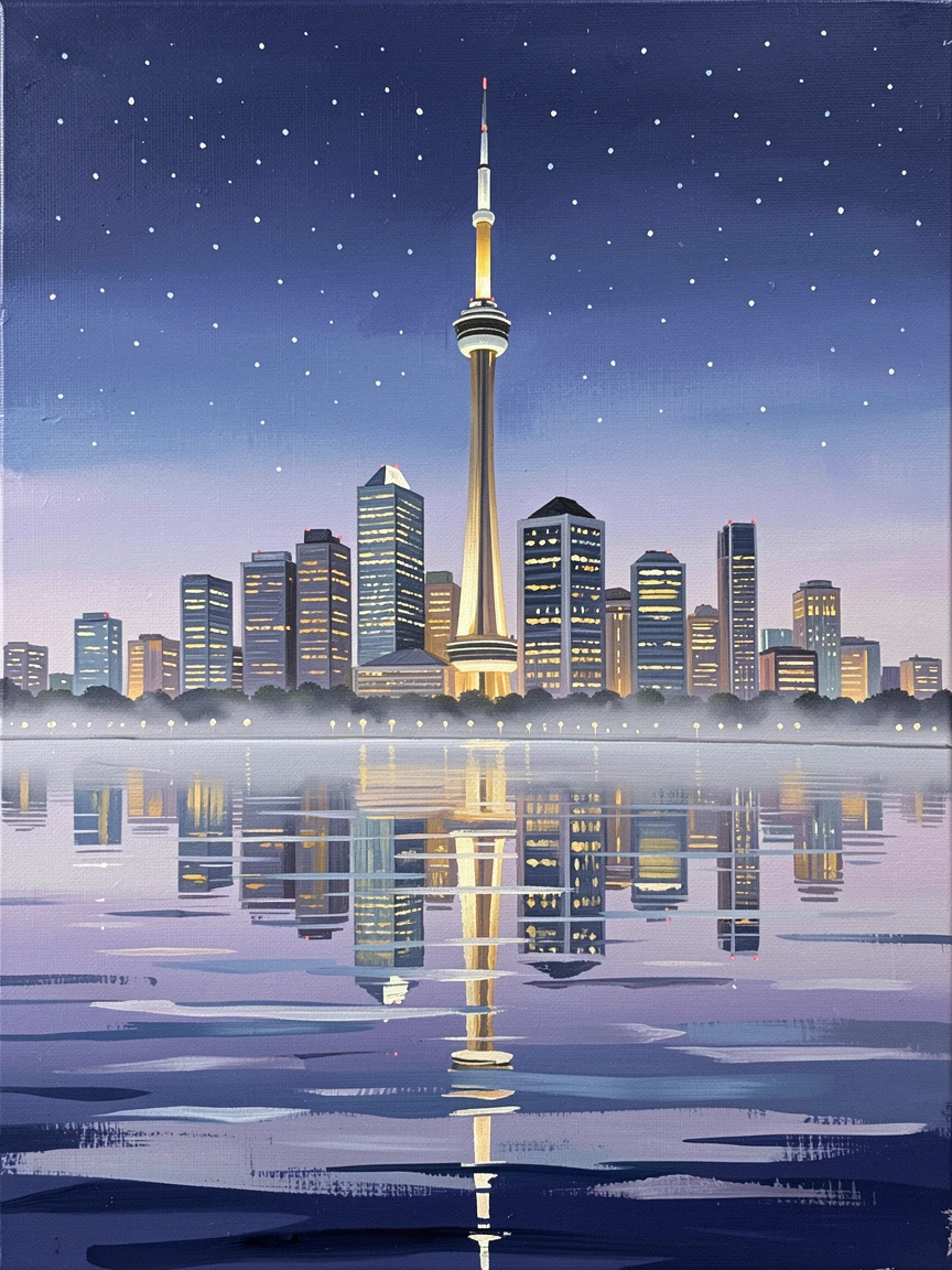 The Toronto skyline reflects in Lake Ontario at blue hour, the CN Tower illuminated against a deepening indigo sky dotted with early stars, the air carrying a faint mist that softens distant shapes without obscuring the overall view.