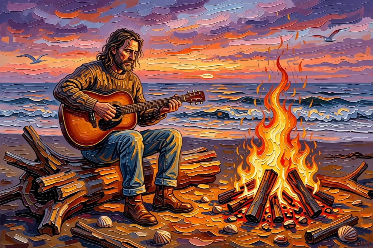 A folk singer strumming a guitar around a beach bonfire at dusk