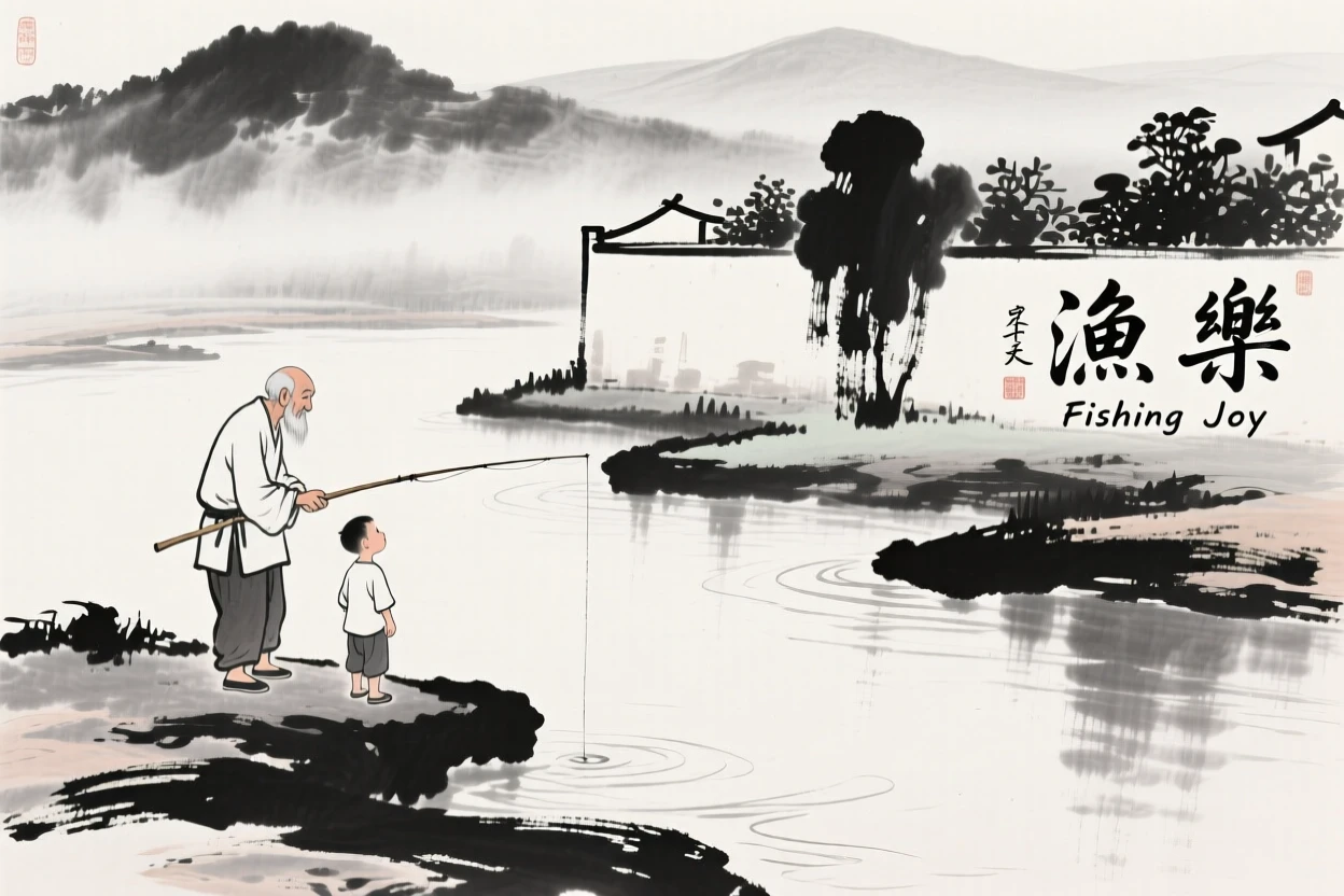 A grandfather teaches his grandson to fish along a riverbank, with distant hills visible beyond the garden wall.