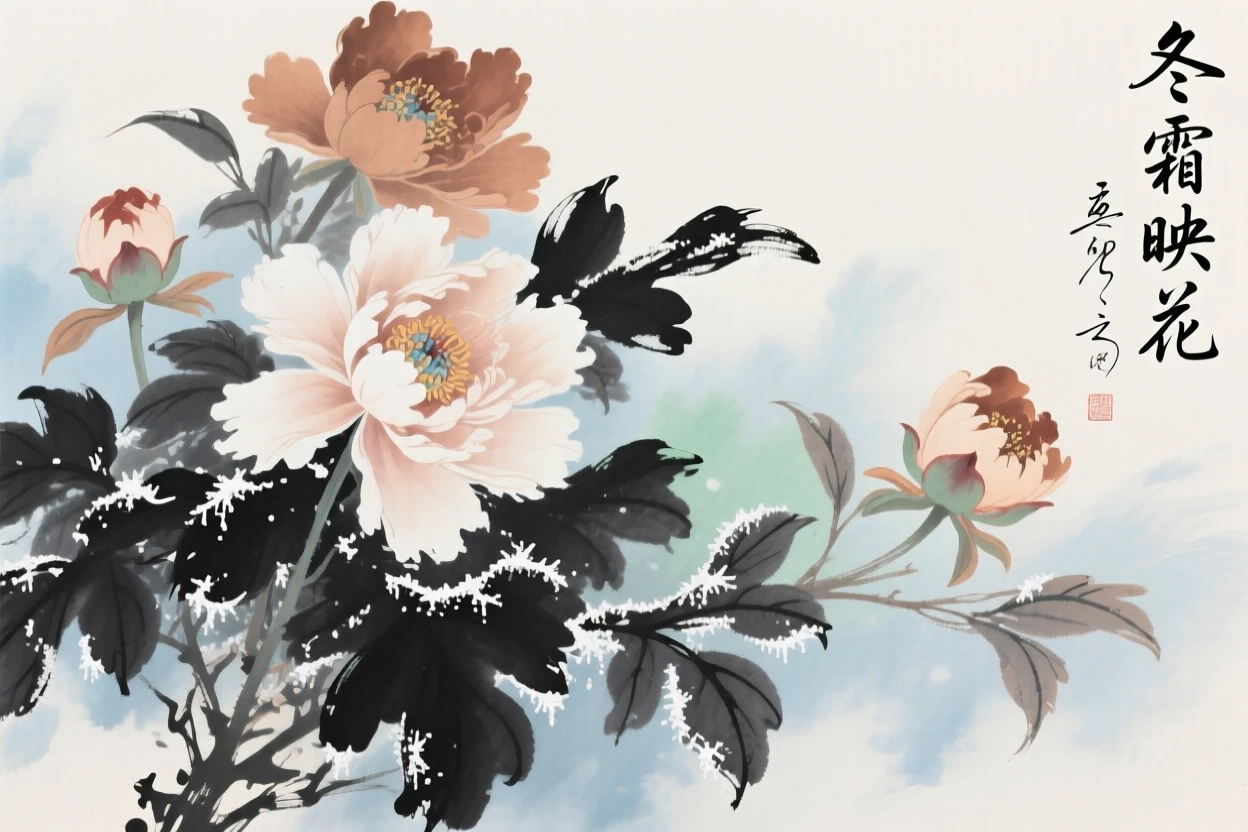 Peonies in full bloom, their heavy blossoms nodding in the breeze, through a light drifting mist, as winter frost settles.