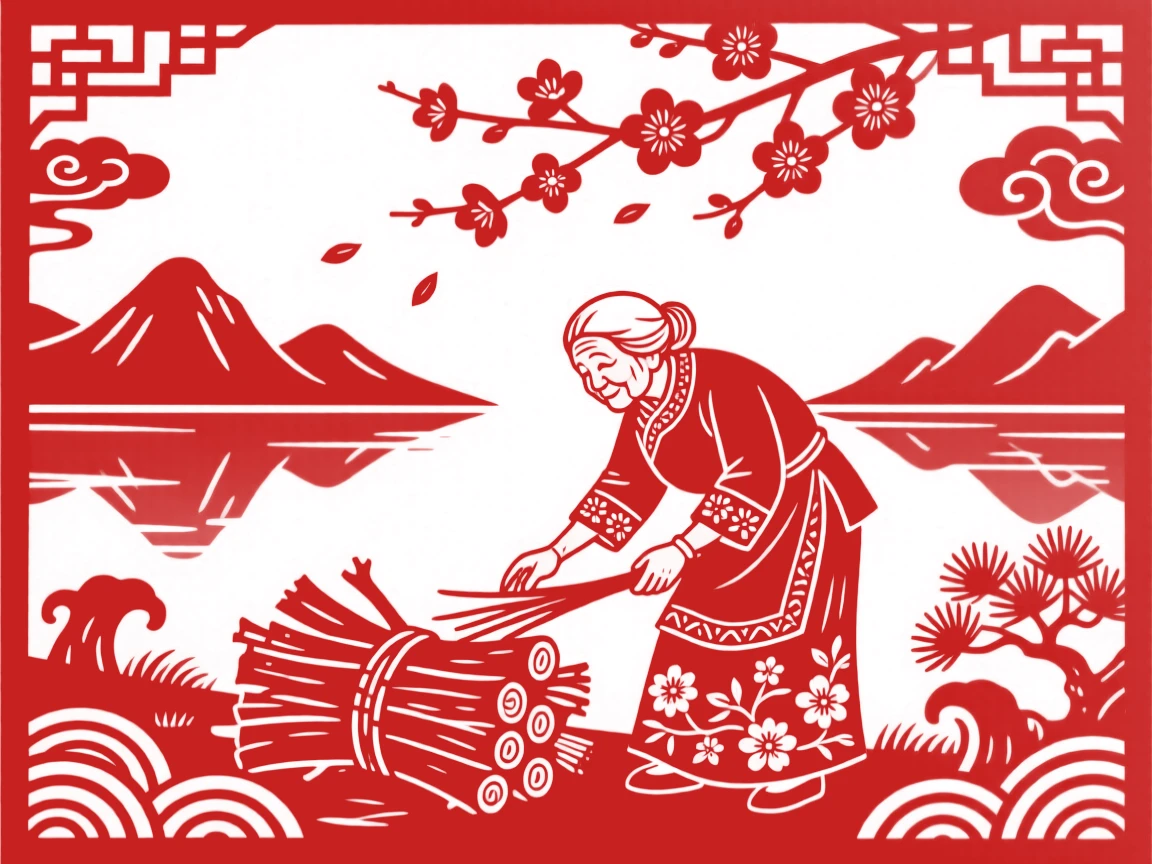 A composition of an old woman gathering firewood beside a still mountain lake, petals drifting down from a blossoming branch nearby.