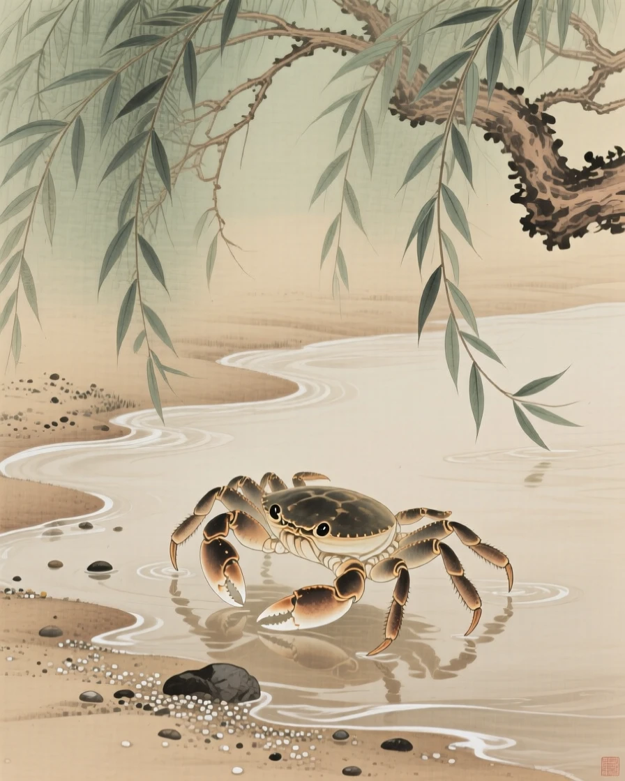 A crab scuttling across wet sand under the shade of an overhanging willow tree